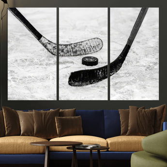 82900-MGV-CV-36X24-Hockey Wall Art – Black and White Canvas Print Ice Rink Sticks Puck Sports Photography, Modern Decor for Game Room, Man Cave,