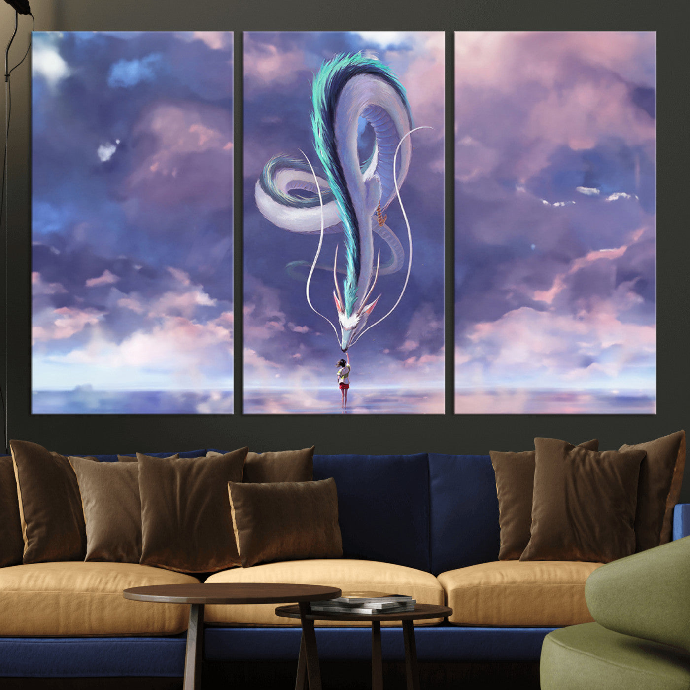 66864-MGV-CV-36X24-Fantasy Dragon Wall Art – Mystical Canvas Print Girl and Sky Serpent Dreamlike Clouds, Magical Anime Inspired Decor for Living