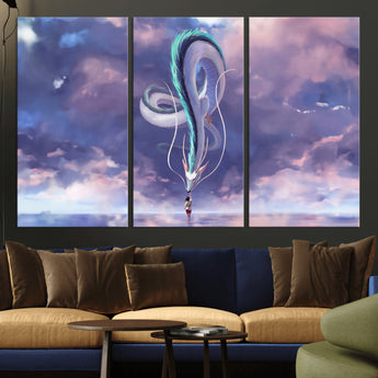 66864-MGV-CV-36X24-Fantasy Dragon Wall Art – Mystical Canvas Print Girl and Sky Serpent Dreamlike Clouds, Magical Anime Inspired Decor for Living