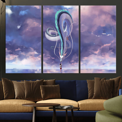 66864-MGV-CV-36X24-Fantasy Dragon Wall Art – Mystical Canvas Print Girl and Sky Serpent Dreamlike Clouds, Magical Anime Inspired Decor for Living