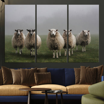 87339-MGV-CV-36X24-Sheep Wall Art – Rustic Farmhouse Canvas Print Flock Standing Misty Field Countryside Photography, Country Animal Decor for Living