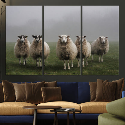 87339-MGV-CV-36X24-Sheep Wall Art – Rustic Farmhouse Canvas Print Flock Standing Misty Field Countryside Photography, Country Animal Decor for Living