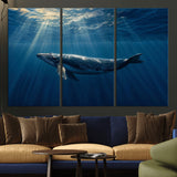 18052-MGV-CV-36X24-Whale Wall Art – Majestic Ocean Canvas Print Marine Life Underwater Sunlight Scene, Nautical Coastal Decor for Living Room,
