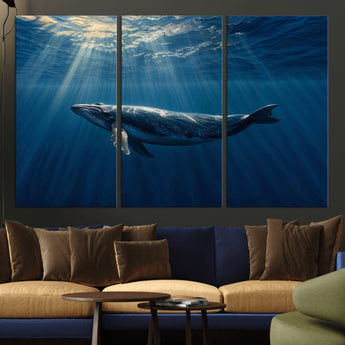 18052-MGV-CV-36X24-Whale Wall Art – Majestic Ocean Canvas Print Marine Life Underwater Sunlight Scene, Nautical Coastal Decor for Living Room,