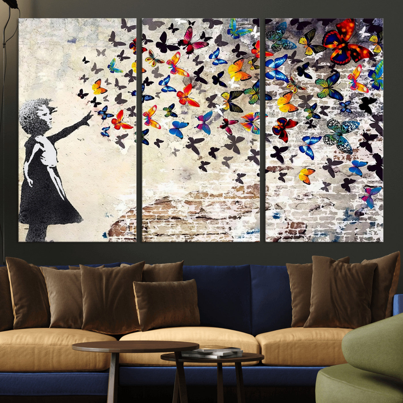 97895-MGV-CV-36X24-Girl with Butterflies Wall Art – Colorful Street Art Style Canvas Print, Modern Graffiti-Inspired Butterfly Artwork for Living
