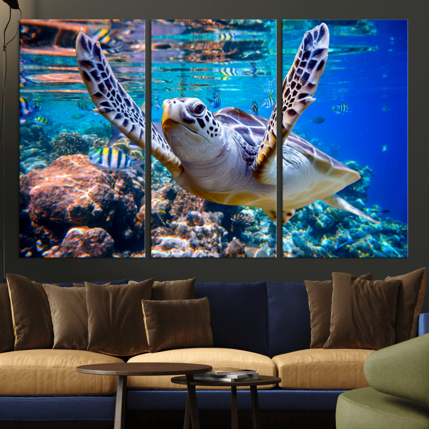 12683-MGV-CV-36X24-Sea Turtle Wall Art – Graceful Ocean Canvas Print with Coral Reef and Tropical Fish, Coastal Marine Life Decor for Beach House,