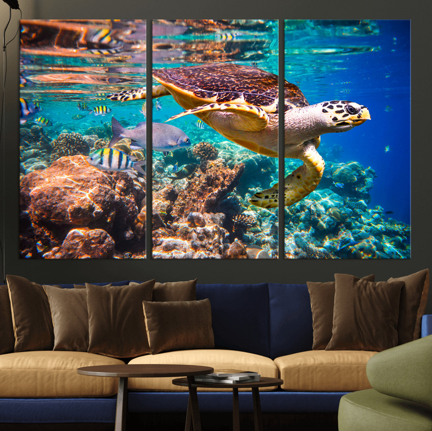 66614-MGV-CV-36X24-Sea Turtle Wall Art – Hawksbill Turtle Swimming Over Coral Reef Canvas Print, Ocean Marine Life Decor for Beach House, Coastal