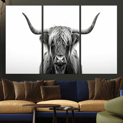 49556-MGV-CV-36X24-Highland Cow Wall Art – Black and White Scottish Highland Cattle Print, Rustic Farmhouse Minimalist Animal Portrait Canvas for