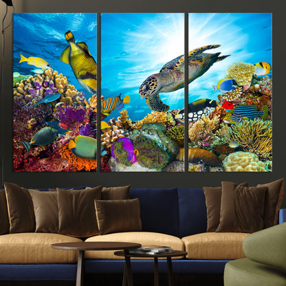44772-MGV-CV-36X24-Underwater Sea Turtle Wall Art – Vibrant Coral Reef and Tropical Fish Canvas Print, Ocean Marine Life Decor for Living Room,