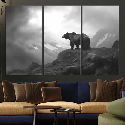 49504-MGV-CV-36X24-Black and White Grizzly Bear Wall Art – Wilderness Wildlife Painting, Rustic Mountain Cabin Decor, Monochrome Animal Print for