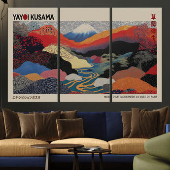 49228-MGV-FC-93X47-3P_Black-Kusama Wall Art – Vibrant Japanese Landscape Canvas Print, Modern Abstract Mountain and River Decor for Living Room, Office or Art