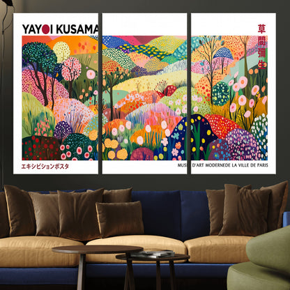 75201-MGV-CV-36X24-Yayoi Kusama Floral Wall Art – Vibrant Abstract Landscape Canvas Print, Modern Pop Art Poster for Living Room, Bedroom, or Gallery