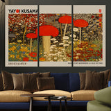 38013-MGV-CV-48X32-3P-Yayoi Kusama Inspired Mushroom Garden Wall Art – Whimsical Botanical Canvas Print, Surreal Nature Poster, Fantasy Floral Artwork