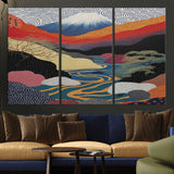 22313-MGV-CV-36X24-Yayoi Kusama Wall Art – Abstract Mount Fuji Landscape Canvas Print, Vibrant Japanese Nature Scene with River, Mountains and Sky