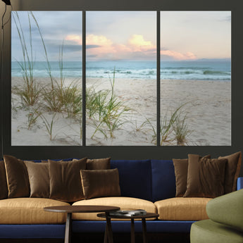 Test1001-MGV-CV-36X24-Coastal Beach Wall Art – Panoramic Ocean Waves and Sandy Dunes Canvas Print, Serene Seascape with Sea Oats for Relaxing Home or