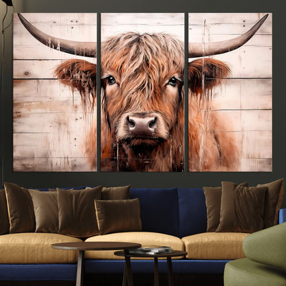 93730-MGV-CV-36X24-Scottish Cow Wall Art Canvas Print, Framed Longhorn Cow Art Picture Print, Highland Cattle Perfect Rustic Farmhouse Decor Artwork