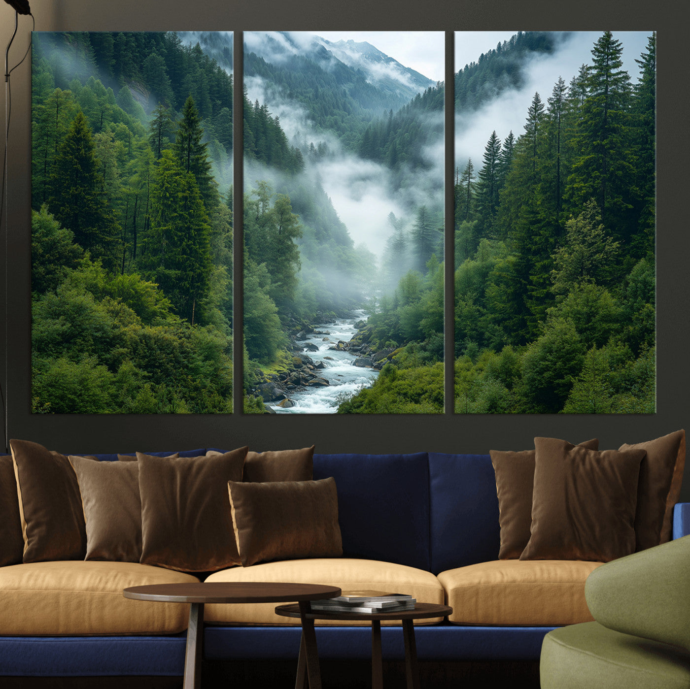 69453-MGV-CV-36X24-Mountain Forest Wall Art – Misty River and Evergreen Landscape Canvas Print, Nature Photography Poster for Living Room, Bedroom,