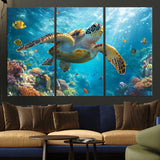 37623-MGV-CV-36X24-Sea Turtle Wall Art – Underwater Ocean Canvas Print with Coral Reef and Tropical Fish, Marine Life Painting Poster for Living