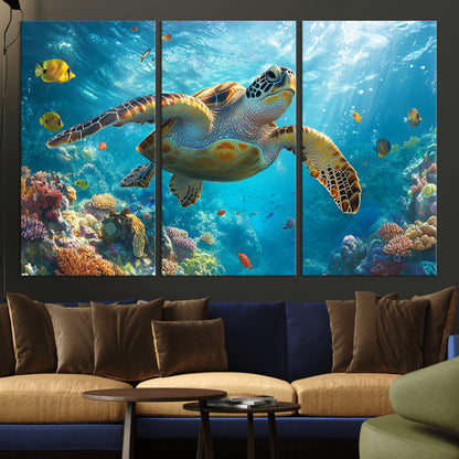 37623-MGV-CV-36X24-Sea Turtle Wall Art – Underwater Ocean Canvas Print with Coral Reef and Tropical Fish, Marine Life Painting Poster for Living