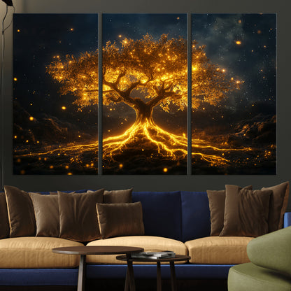 60194-MGV-CV-36X24-Glowing Tree Wall Art – Golden Roots Fantasy Canvas Print, Mystical Illuminated Tree Painting Poster for Living Room, Bedroom,