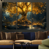 92739-MGV-CV-36X24-Glowing Tree Wall Art – Enchanted Golden Forest Canvas Print, Mystical Illuminated Nature Painting Poster for Living Room,