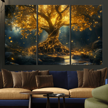 92739-MGV-CV-36X24-Glowing Tree Wall Art – Enchanted Golden Forest Canvas Print, Mystical Illuminated Nature Painting Poster for Living Room,