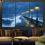 32668-MGV-CV-36X24-Stormy Pier Wall Art – Ocean Waves and Street Lamps Canvas Print, Rainy Night Seascape Oil Painting Poster for Living Room,