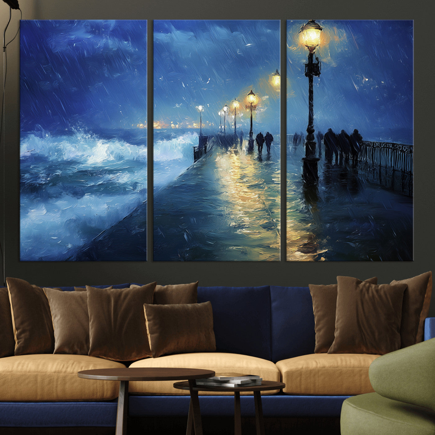 76572-MGV-CV-36X24-Stormy Night Pier Wall Art – Ocean Waves and Street Lamps Canvas Print, Rainy Seascape Oil Painting Poster for Living Room,