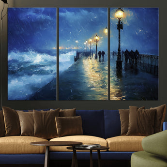 76572-MGV-CV-36X24-Stormy Night Pier Wall Art – Ocean Waves and Street Lamps Canvas Print, Rainy Seascape Oil Painting Poster for Living Room,