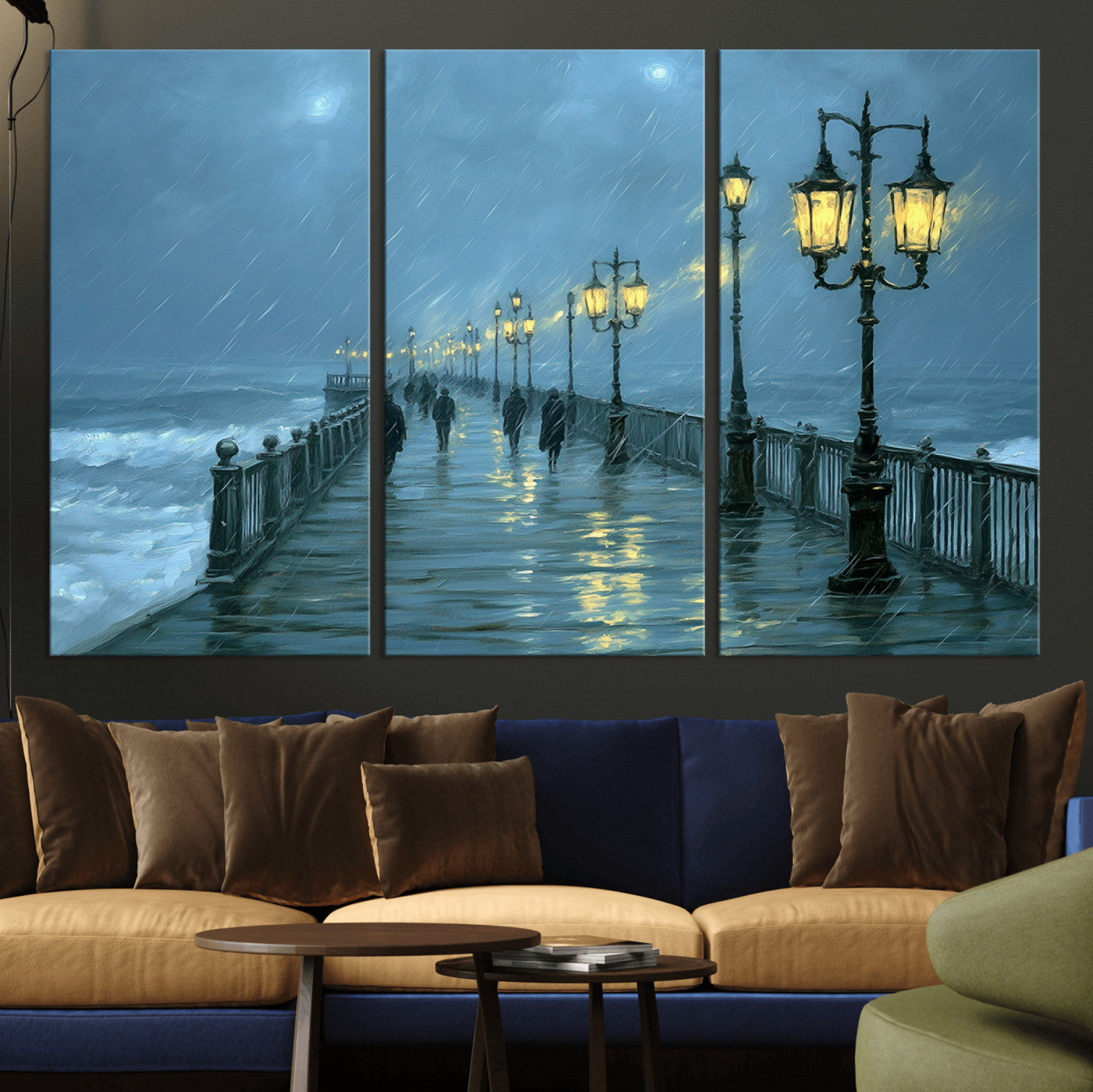 79606-MGV-CV-36X24-Rainy Pier Night Wall Art – Ocean Waves and Street Lamps Canvas Print, Moody Seascape Oil Painting Poster for Living Room,