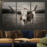 69238-MGV-CV-36X24-Longhorn Bull Wall Art – Rustic Black and White Texas Cattle Canvas Print, Western Farmhouse Animal Photography for Living Room,