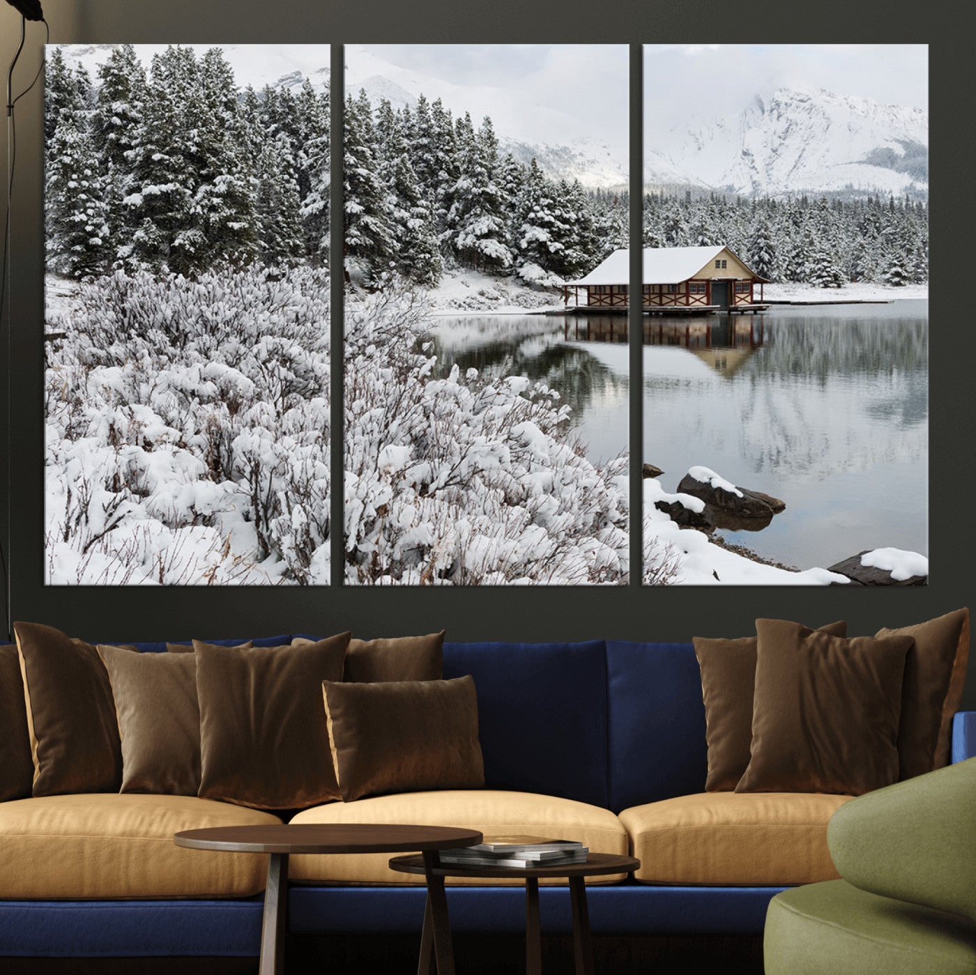 94285-MGV-CV-36X24-Snowy Cabin Wall Art Canvas Print, Framed Winter Cabin Art Picture Print, Mountain Lake Perfect Snowy Nature Decor Artwork