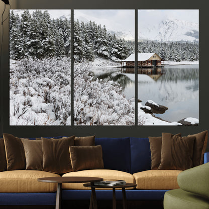 94285-MGV-CV-36X24-Snowy Cabin Wall Art Canvas Print, Framed Winter Cabin Art Picture Print, Mountain Lake Perfect Snowy Nature Decor Artwork