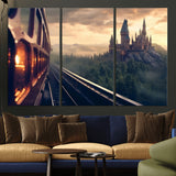 84029-MGV-CV-36X24-Fantasy Castle Wall Art – Magical Train Sunset Forest Canvas Print, Enchanted Landscape Painting Poster for Living Room, Bedroom,