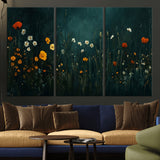 87037-MGV-CV-36X24-Wildflower Wall Art – Dark Botanical Floral Canvas Print, Modern Nature Painting Poster with Daisies Poppies Orange Flowers for