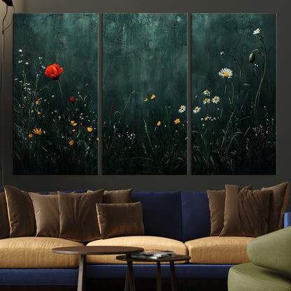 26218-MGV-CV-36X24-Wildflower Wall Art – Dark Botanical Floral Canvas Print, Modern Nature Painting Poster with Daisy Poppy Yellow Flowers for Living