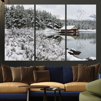 29975-MGV-CV-36X24-Winter Cabin by the Lake Wall Art – Snowy Mountain Landscape Canvas Print, Rustic Lodge Cabin Decor for Cozy Living Room, Bedroom