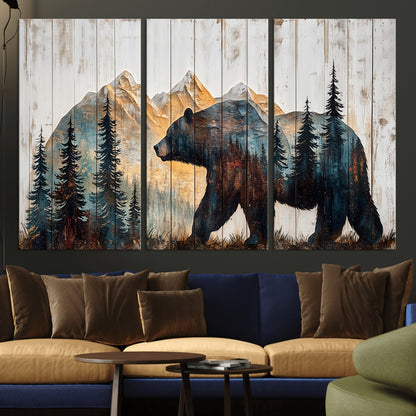 90077-MGV-CV-36X24-Wood Grizzly Bear Wall Art Canvas Print, Framed Abstract Bear Art Picture Print, Bear in Forest Perfect Rustic Lodge Decor Artwork