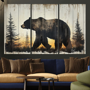 83875-MGV-CV-36X24-Sunset Bear Wall Art – Rustic Wildlife Canvas Print with Forest Silhouette, Cabin Lodge Decor for Living Room or Office
