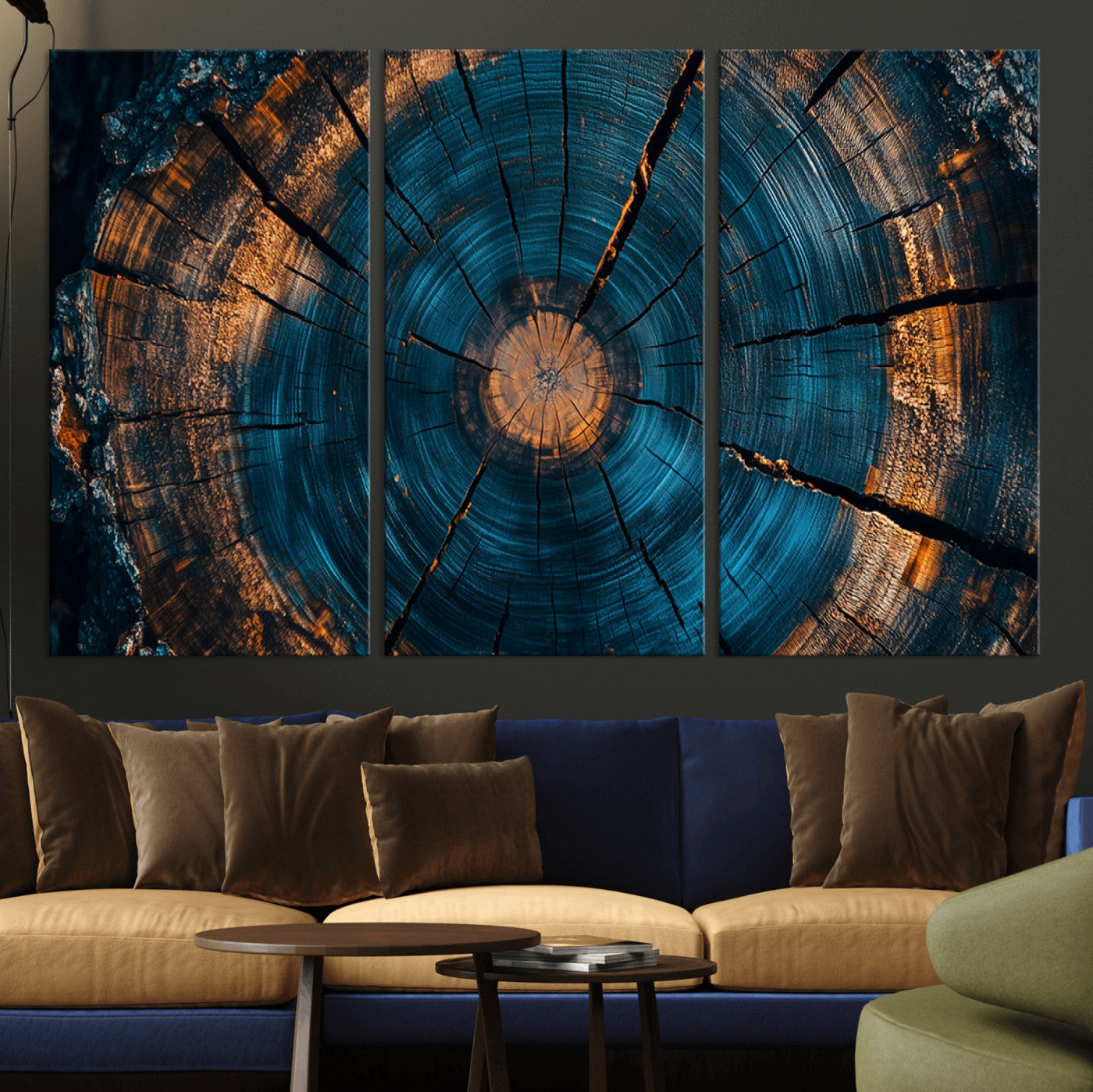 65231-MGV-CV-36X24-Blue and Gold Tree Ring Wall Art – Rustic Abstract Wood Slice Canvas Print, Modern Nature Inspired Artwork for Living Room,