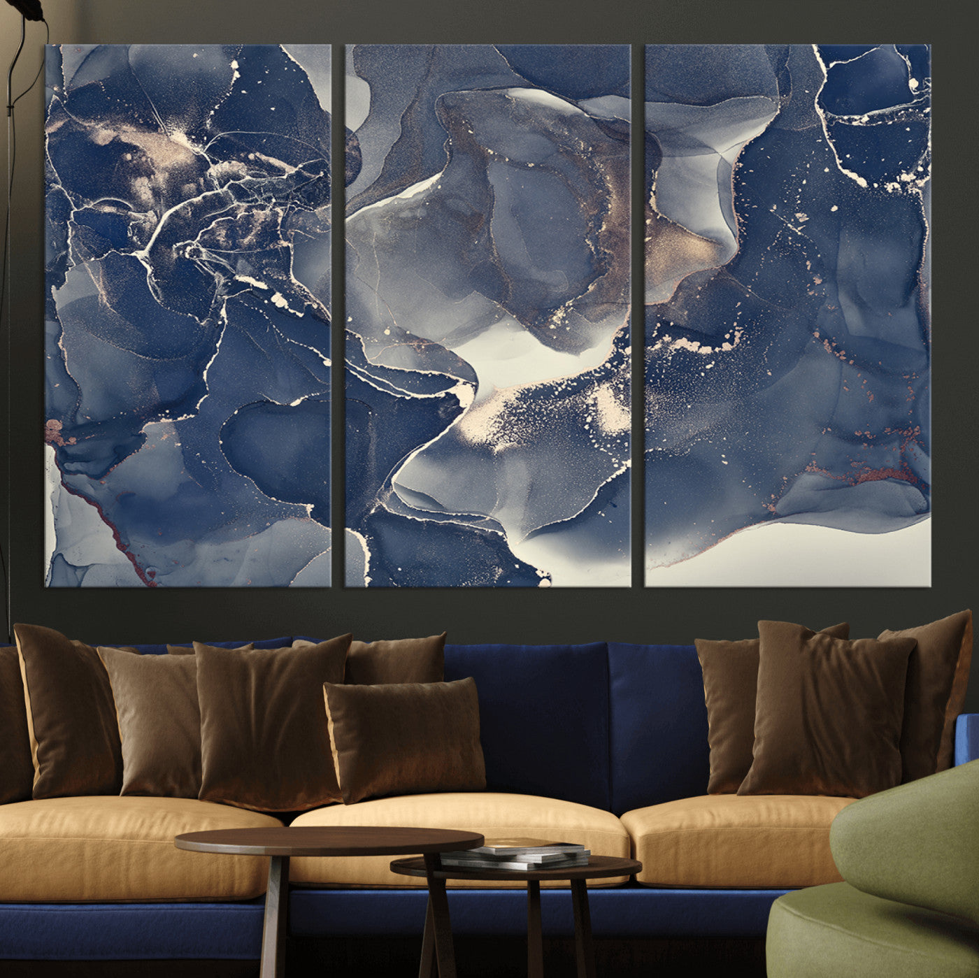 28282-MGV-CV-36X24-Blue Abstract Wall Art – Modern Ink Swirl Canvas Print, Contemporary Navy and Gold Painting for Living Room, Bedroom, Office or