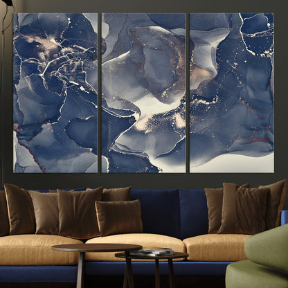 28282-MGV-CV-36X24-Blue Abstract Wall Art – Modern Ink Swirl Canvas Print, Contemporary Navy and Gold Painting for Living Room, Bedroom, Office or