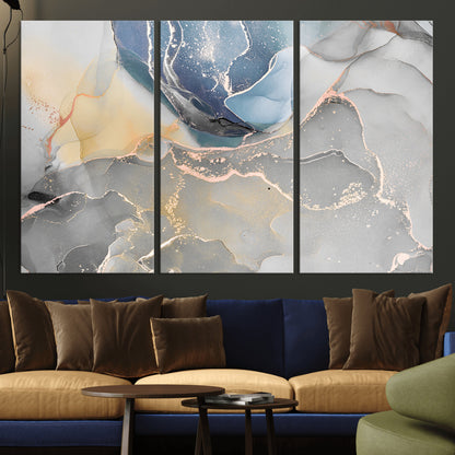 18176-MGV-CV-36X24-Abstract Fluid Wall Art – Modern Marble Ink Canvas Print with Blue, Gold, and Gray Tones, Contemporary Minimal Artwork Decor for