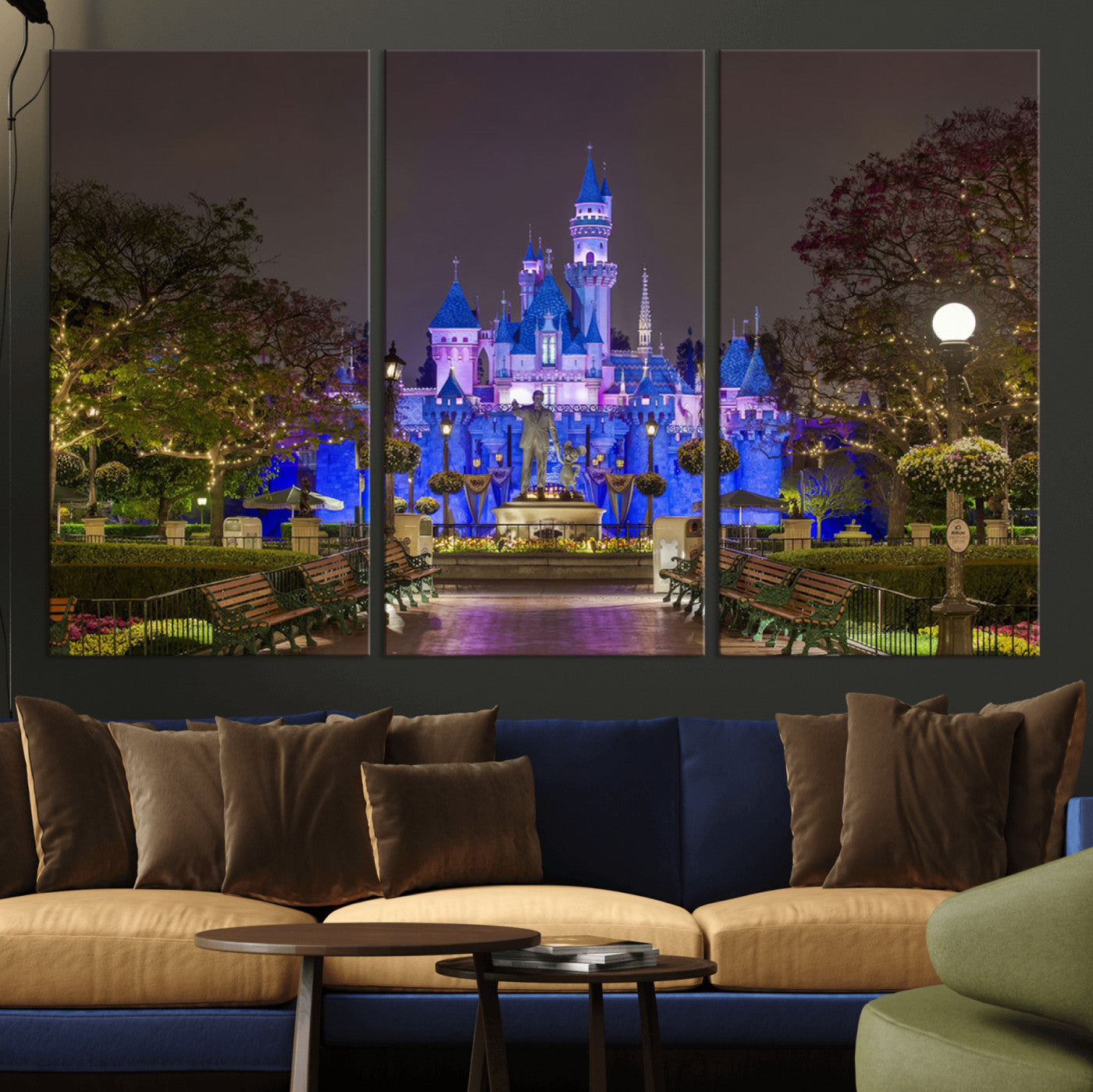 63560-MGV-CV-48X32-3P-Fairy Tale Castle Wall Art – Magical Night Scene Canvas Print with Lights and Gardens, Fantasy Architecture Artwork for Living