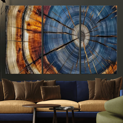 10583-MGV-CV-36X24-Tree Ring Wall Art – Abstract Wood Grain Canvas Print with Blue and Brown Tones, Nature Inspired Rustic Artwork for Living Room,