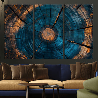 13398-MGV-CV-36X24-Tree Ring Wall Art – Abstract Wood Grain Canvas Print with Blue and Orange Accents, Rustic Nature Inspired Artwork for Living
