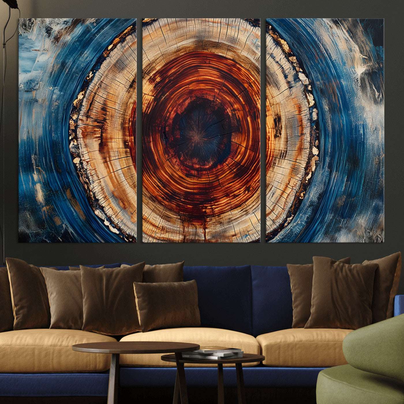 90395-MGV-CV-36X24-Tree Ring Wall Art – Abstract Wood Grain Canvas Print with Fiery Red and Blue Tones, Bold Rustic Nature Inspired Artwork Decor for