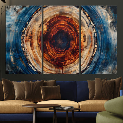 90395-MGV-CV-36X24-Tree Ring Wall Art – Abstract Wood Grain Canvas Print with Fiery Red and Blue Tones, Bold Rustic Nature Inspired Artwork Decor for