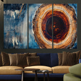 48045-MGV-CV-36X24-Tree Ring Abstract Wall Art – Rustic Wood Grain Canvas Print with Brown Center and Blue Brush Strokes, Nature Inspired Artwork for