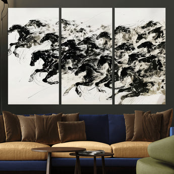 23069-MGV-CV-36X24-Galloping Horses Wall Art – Black Ink Painting on Canvas, Dynamic Equestrian Artwork with Running Stallions, Expressive Modern
